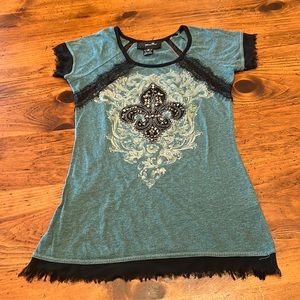 Miss Me Short Sleeve Blue Green Top Size Small w/ Black Lace